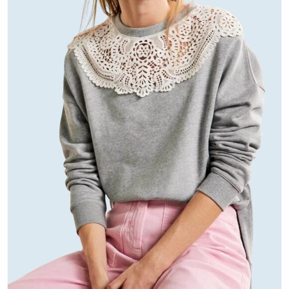 Boden Tops - BODEN Grey Oversized Lace Collar Overlay Cottage Preppy Sweatshirt Sz XS